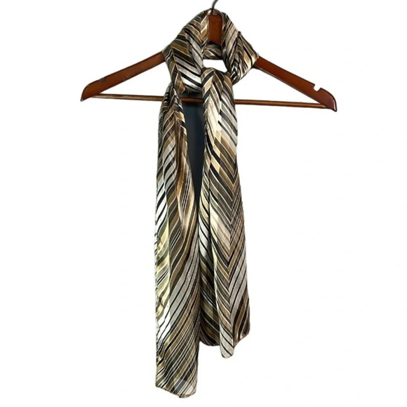 VINTAGE Chevron Pattern Print Satin Rectangular  Scarf Neutral Brown Semi Sheer - Picture 2 of 9
